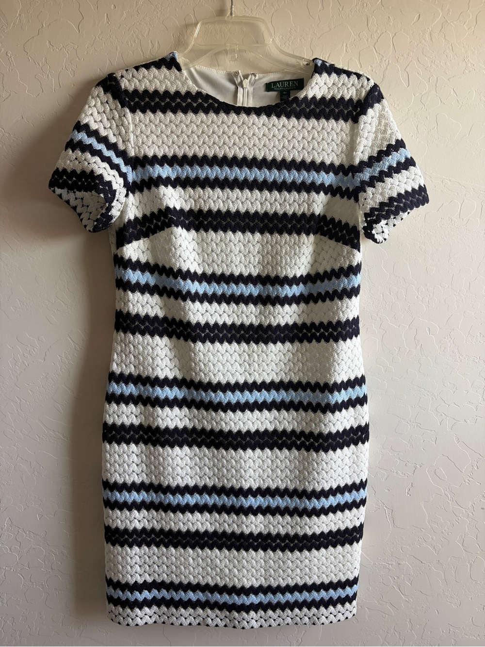 Lauren Ralph Lauren White Navy and Light Blue Striped Knit Sheath Dress
